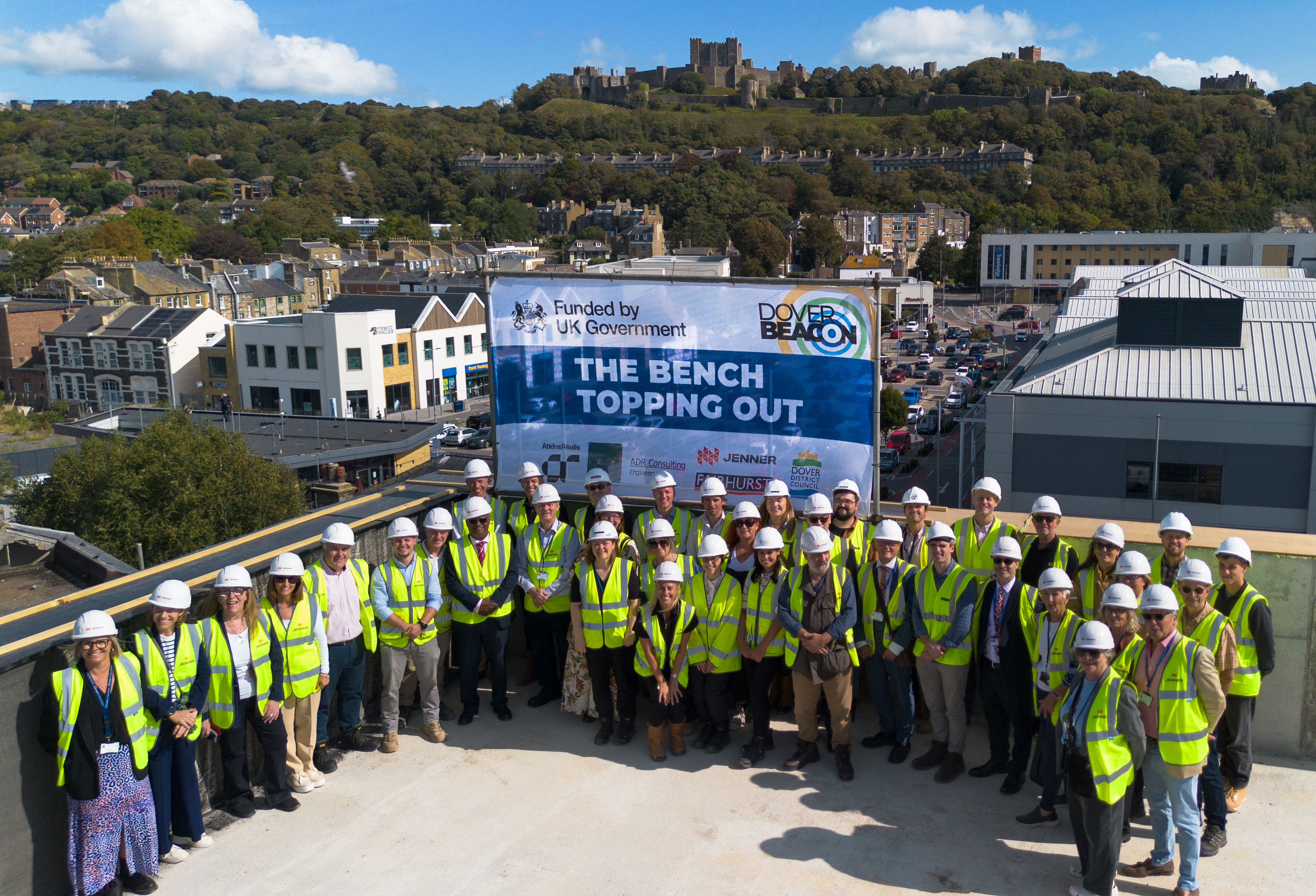 Group aerial shot of attendees at the Topping out Ceremony
